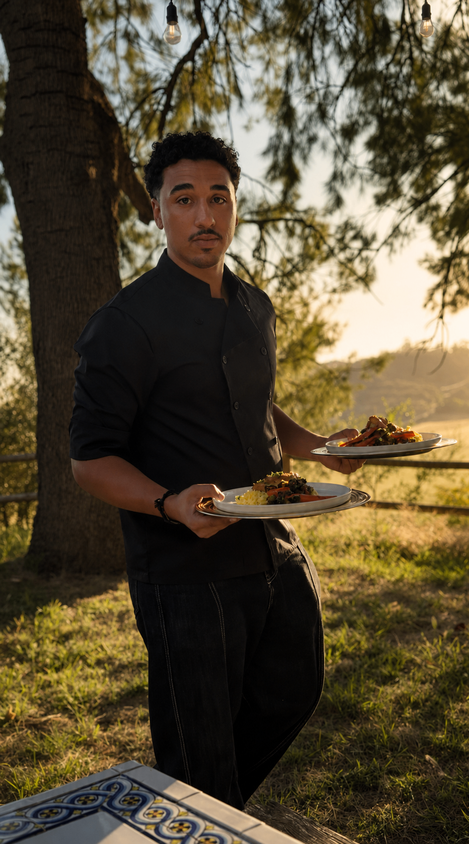 Chef Edward Lancaster carrying two plated courses at an outdoor private dinner